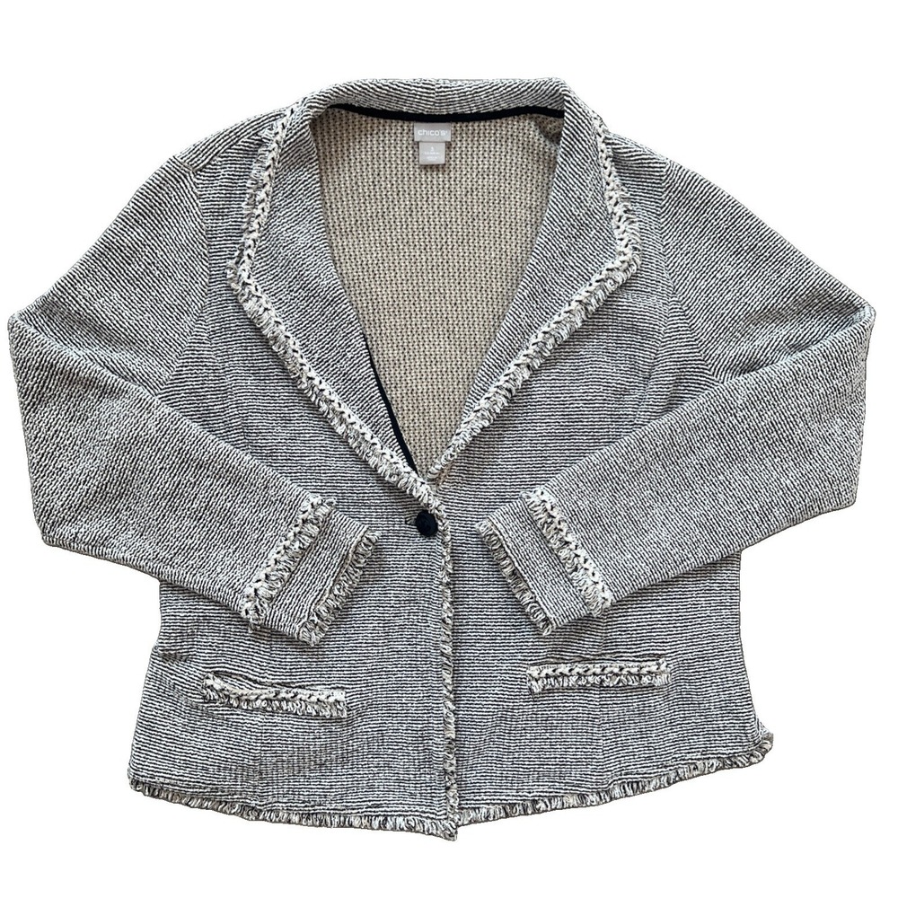 Chico's Size 3 XL Beige Ivory Black Textured Knit Fringe Blazer Cardigan